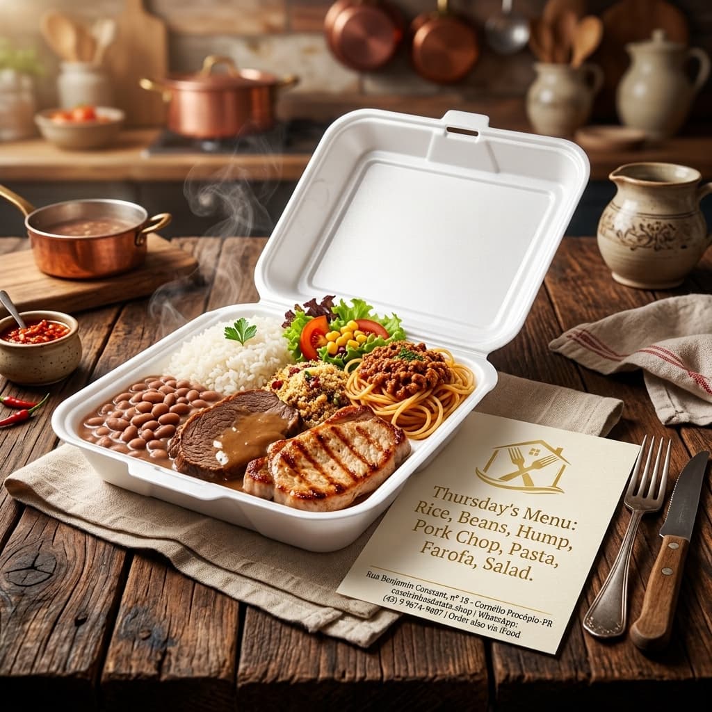 Marmita de quinta-feira da Caseirinhas da Tatá com arroz, feijão carioca, farofa de ovo, macarrão à bolonhesa, carne assada, bistequinha de porco grelhada e salada sortida — entrega no Carnascialli